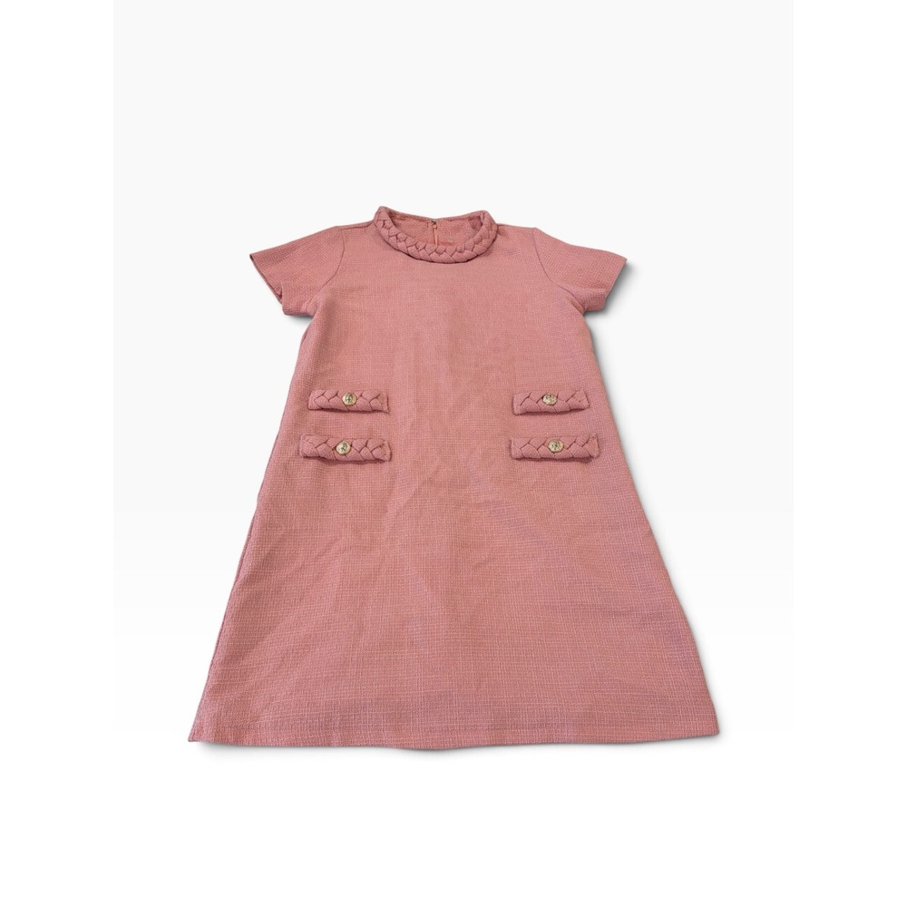 Pink Tweed Braided Neck A-Line Shift Dress Short Sleeve Gold Crest Button Size M